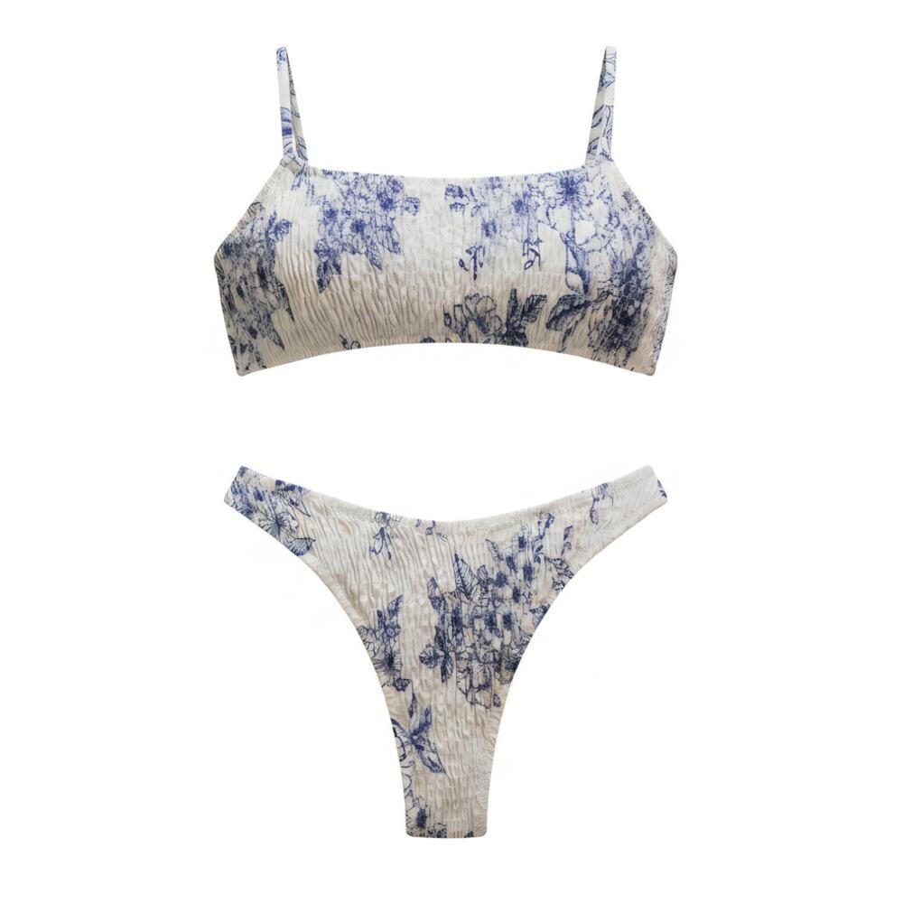 Volafa Floral Bikini Swimsuit Runched Stretch White and Blue Size L